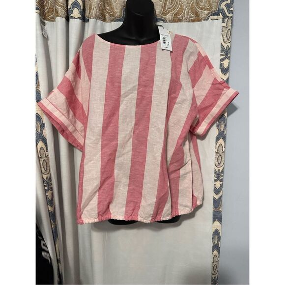 NEW WITH TAGS Liz Claiborne Top Women’s Pink Striped Linen Blend Short Sleeves - Picture 1 of 8
